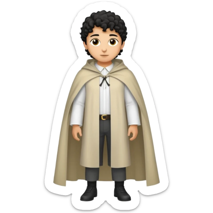 Apariencia: Joven de unos 25-30 años, atractivo,.
-Rostro: Ojos oscuros, piel ligeramente morena, rasgos árabes finos.
-Cabello: Negro, rizado corto, viste como cristiano (camisa blanca, capa corta, colores sobrios). Que salga de cuerpo completo sticker