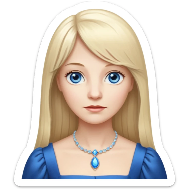 450 yr old white woman, pale skin, long straight blond hair parted in center, blue eyes, bangs, clothes for dinner sticker