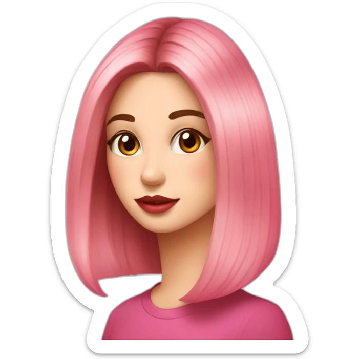 Es una chica de piel clara i una cola de pelo corto a medio lado ojos color marrón labios grandes Color rosado Icon un delineado Icon un delineado sticker