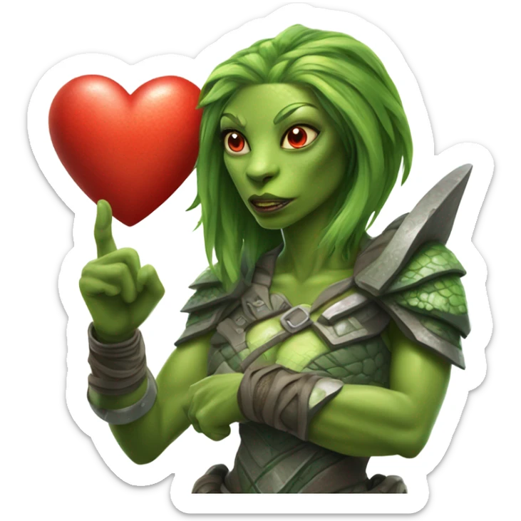 a Reptilian alien amazon woman full body, holding big red heart sticker