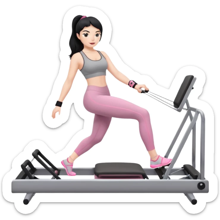Create a Pilates emoji: a girl with fair skin and black hair, wearing a grey bra and grey leggings with pink pilates socks, exercising on a pilates reformer and not looking at the camera sticker