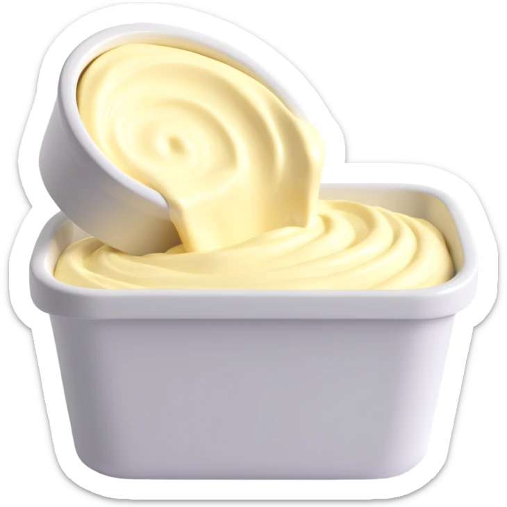 open tub of pale yellow margarine with smooth creamy swirl, no label, clean 3D style, soft lighting, emoji scale sticker