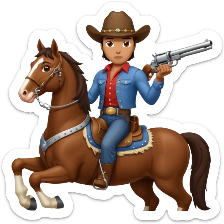 I need a very muscular brunette cowboy riding a large Clydesdale horse shooting a gun in both handles. sticker