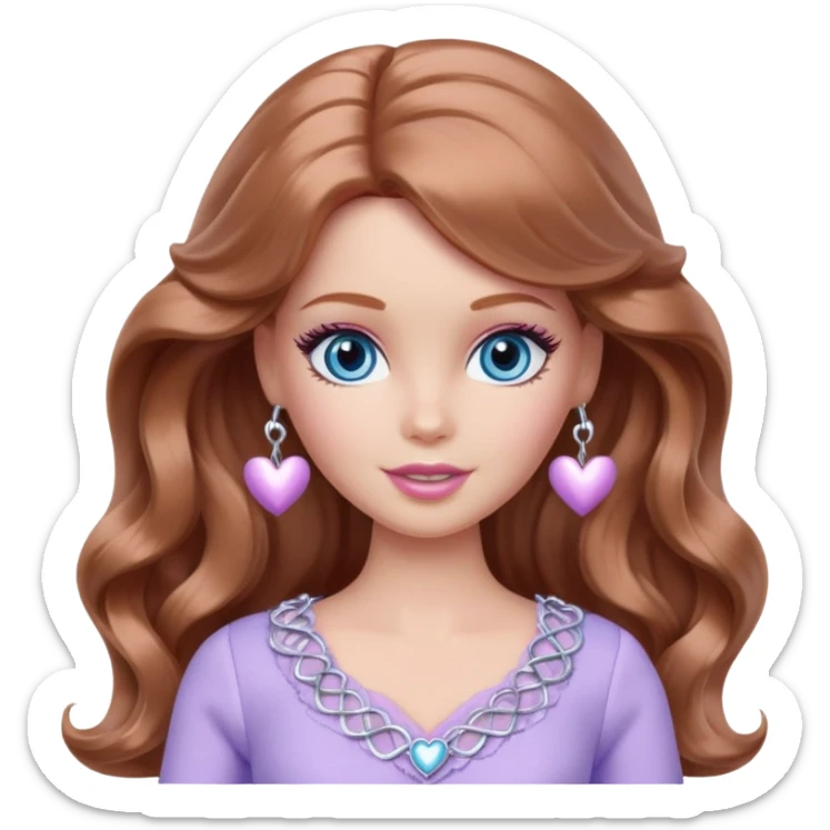 Barbie girl Chestnut long wavy hair and blue eyes is In pale purple clothes There are silver hearts all around sticker
