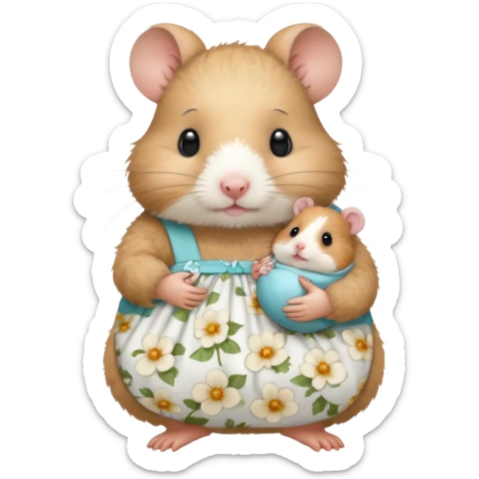 Mama white pretty hamster girl wearing white floral dress holding a baby hamster wearing nappy and dummy sticker