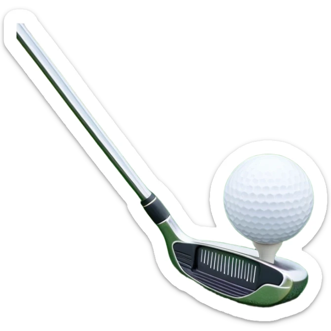 A golf ball positioned next to a golf club on a well-manicured green, with the lush grass of the golf course in the background. The setting captures the peaceful yet competitive atmosphere of the sport, focusing on the precision and skill required for the perfect shot sticker