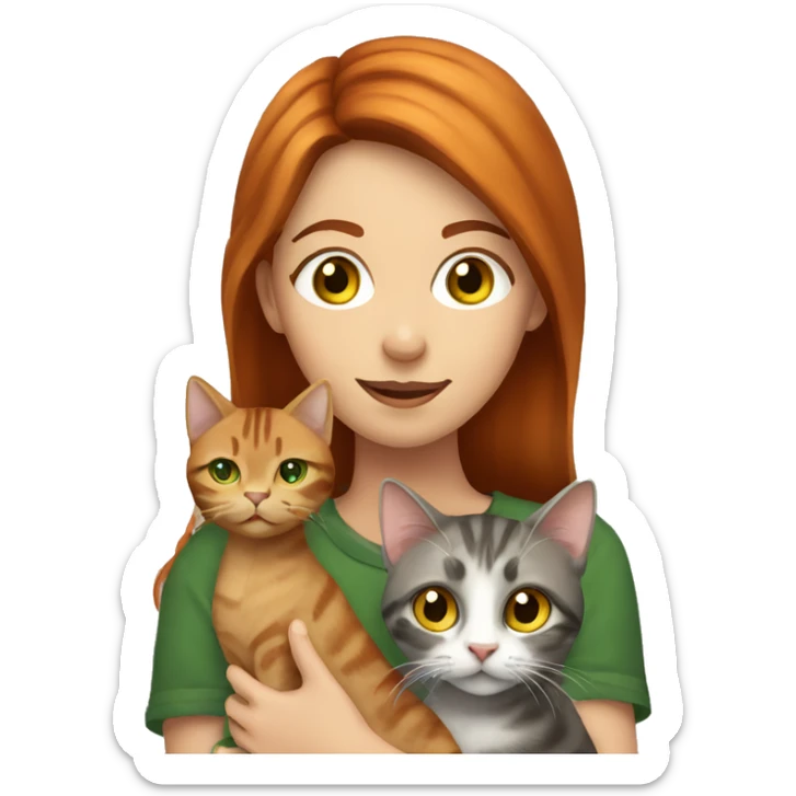 red haired girl with green eyes holding a brown and gray tabby cat with yellow eyes sticker