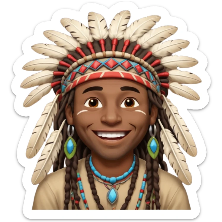 Black American man dark brown with dreads with a American Indian headdress with a laughing hard sticker