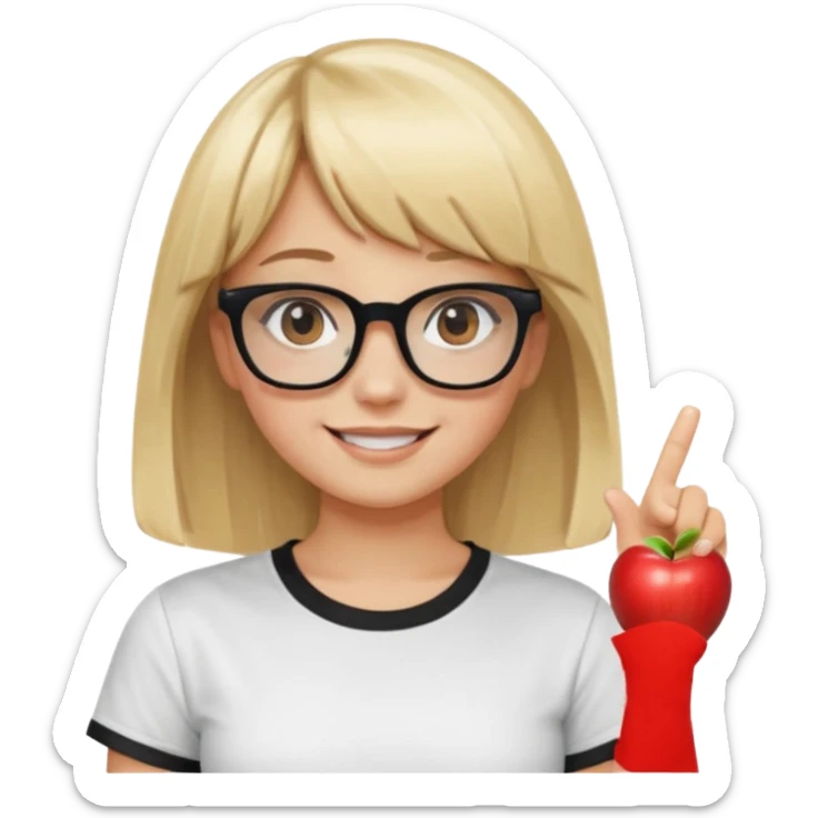 smiling girl with blonde hair, bangs, and brown eyes, wearing black square glasses and a white oversized T-shirt, pointing her finger up to the right, Apple emoji style sticker