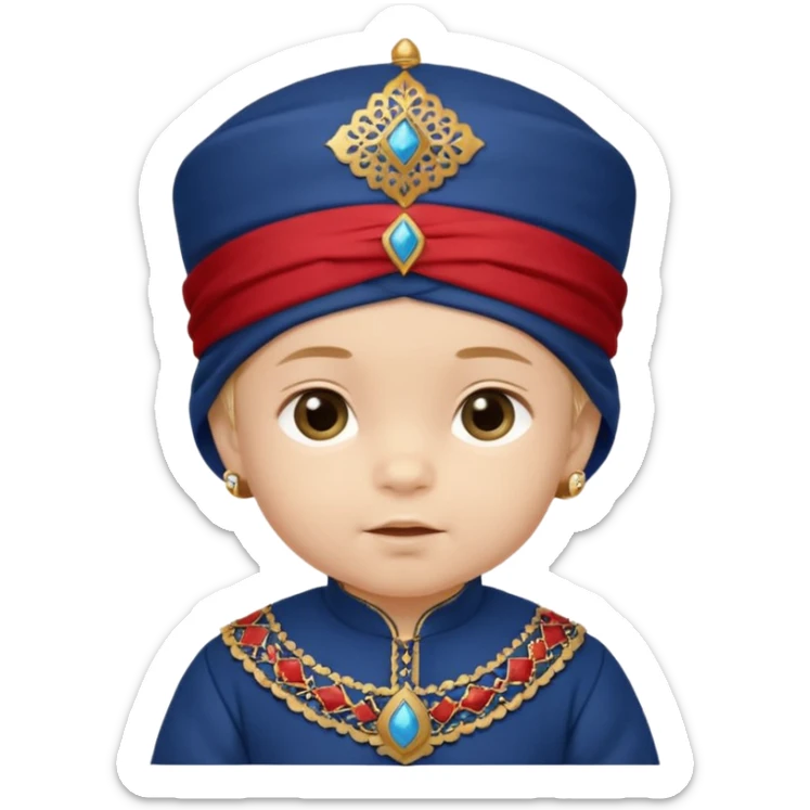  Caucasian baby boy dressed in a dark blue ghalibiya with delicate decorations with a Red Moracain hat  sticker