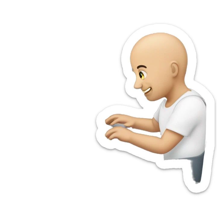 bald man wearing a baby in a baby carrier typing on computer. he shold bestanding with the baby on the front sticker