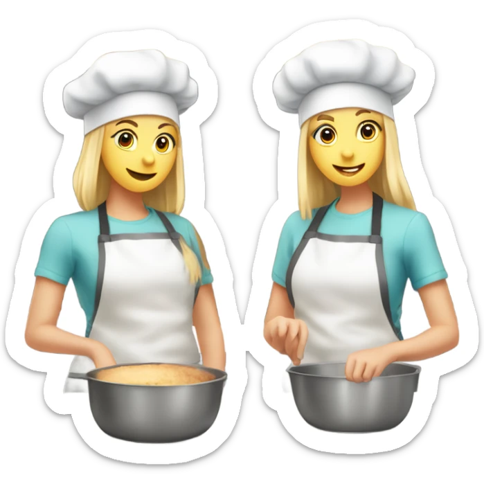 To teenage girls are blonde and a brunette baking they’re wearing baking hats and standing beside each other. One is whisper in a bowl and the other is baking something else. sticker
