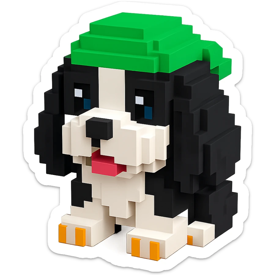 A black and white Russian Cocker Spaniel puppy wearing a green durag, voxel style, facing forward sticker