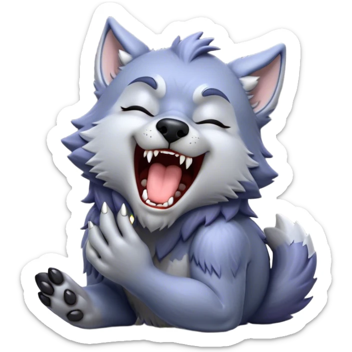Cinematic Cute Yawning Werewolf Portrait Emoji, with a cuddly, miniature lupine form in soft moonlit grays and silvers, head leaning back in a big, adorable yawn that reveals a few fuzzy teeth, simplified yet irresistibly charming, highly detailed with a soft glowing outline that captures the drowsy, playful essence of a werewolf mid-nap! sticker