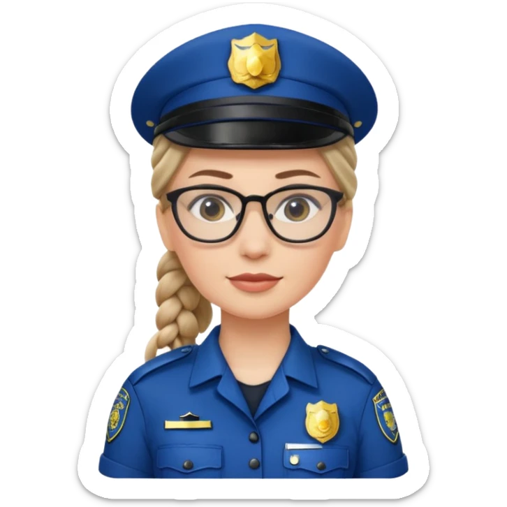 white woman, braided hair, wear police's uniform and glasses sticker