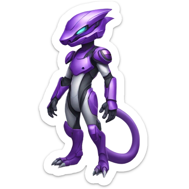 A purple Reptile-Raptor-Genesect-Mewtwo-Fakémon, with a futuristic visor-helmet, wearing a techwear-suit, Full Body sticker
