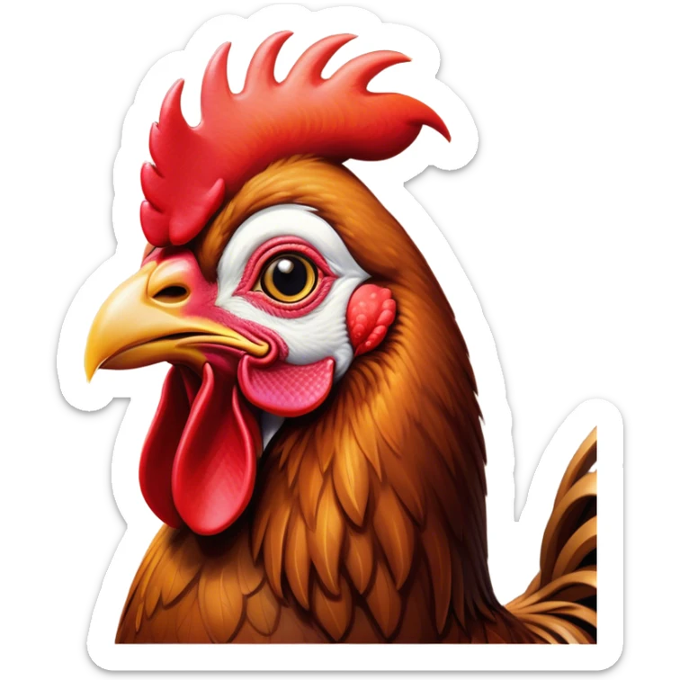 Cinematic Noble Brown Rooster Portrait Emoji, Poised and regal, with a robust, commanding build and a rich, well-groomed brown plumage, deep-set soulful warm eyes, Simplified yet sharp and sophisticated features, highly detailed, glowing with a soft, dignified glow, high shine, intelligent and proud, stylized with an air of rustic majesty, focused and attentive, soft glowing outline, capturing the essence of a watchful and confident leader, so majestic it feels as though it could crow out of the screen with effortless authority! sticker