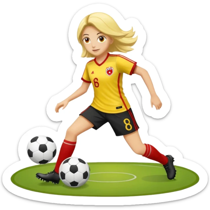 kumral bir kadın sarı kırmızı bir formayla futbol oynuyor sticker