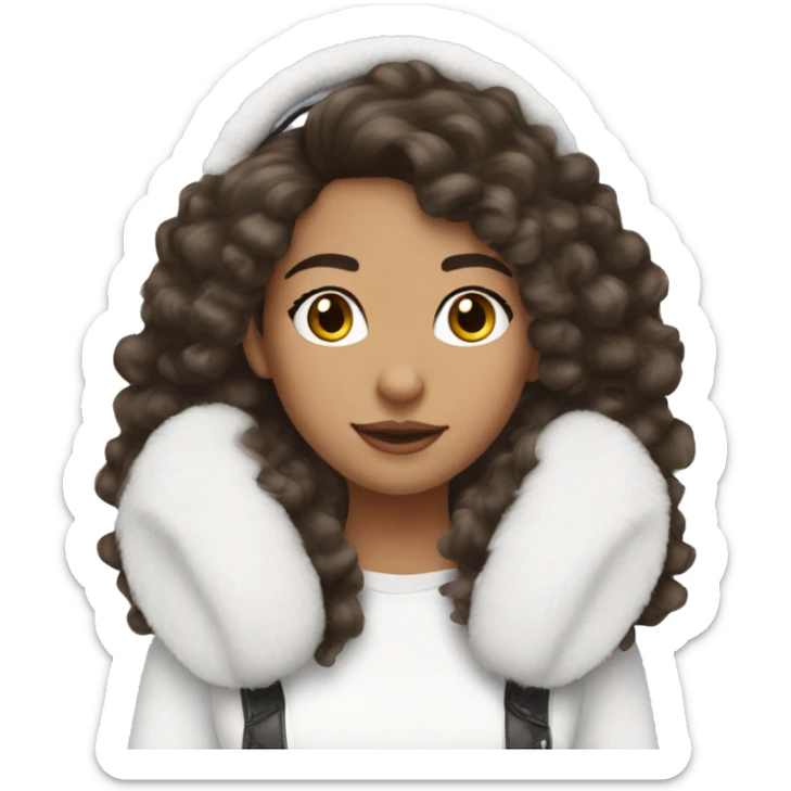 Brunette long  hair with curls pretty girl wearing white faux fur earmuffs  sticker