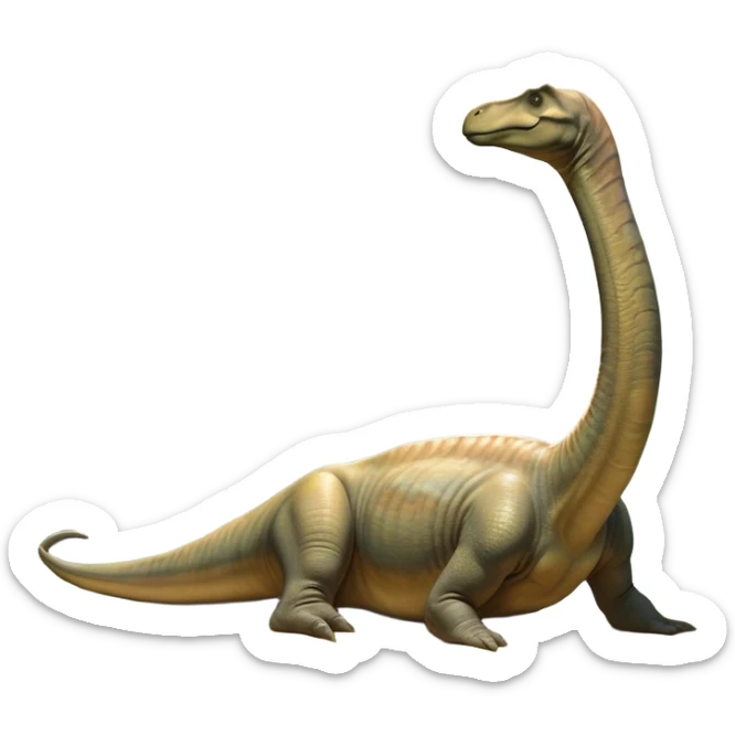 Beautiful and Majestic Brachiosaurus Portrait Emoji, Head and body resting in serene repose with a gentle, confident expression, showcasing its monumental, elongated neck and a small, refined head with tranquil eyes, Simplified yet exquisitely endearing features, highly detailed, glowing with a soft, drowsy golden light, high shine, relaxed and utterly majestic, stylized with an air of timeless prehistoric splendor, soft glowing outline, capturing the essence of a beautiful and majestic Brachiosaurus that feels destined to become the next viral icon of awe-inspiring ancient beauty! sticker