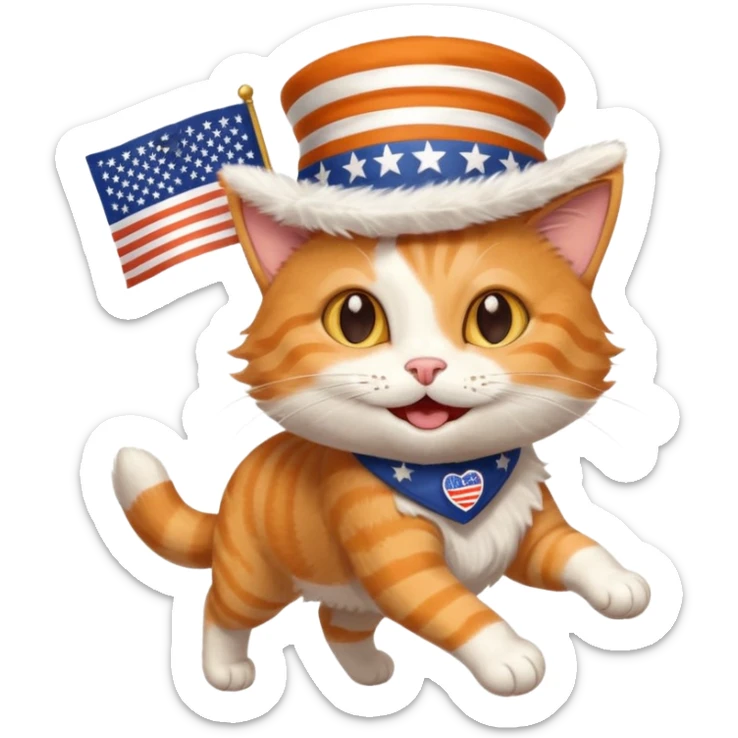 happy cat running for president with an "i voted" sticker and an american flag hat sticker