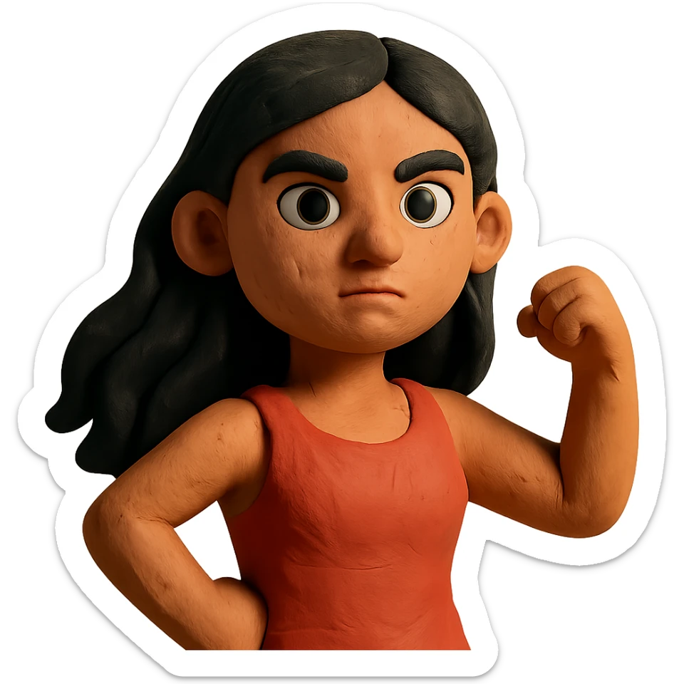 strong girl with brown eyes, flesh-colored skin, long slightly wavy black hair sticker