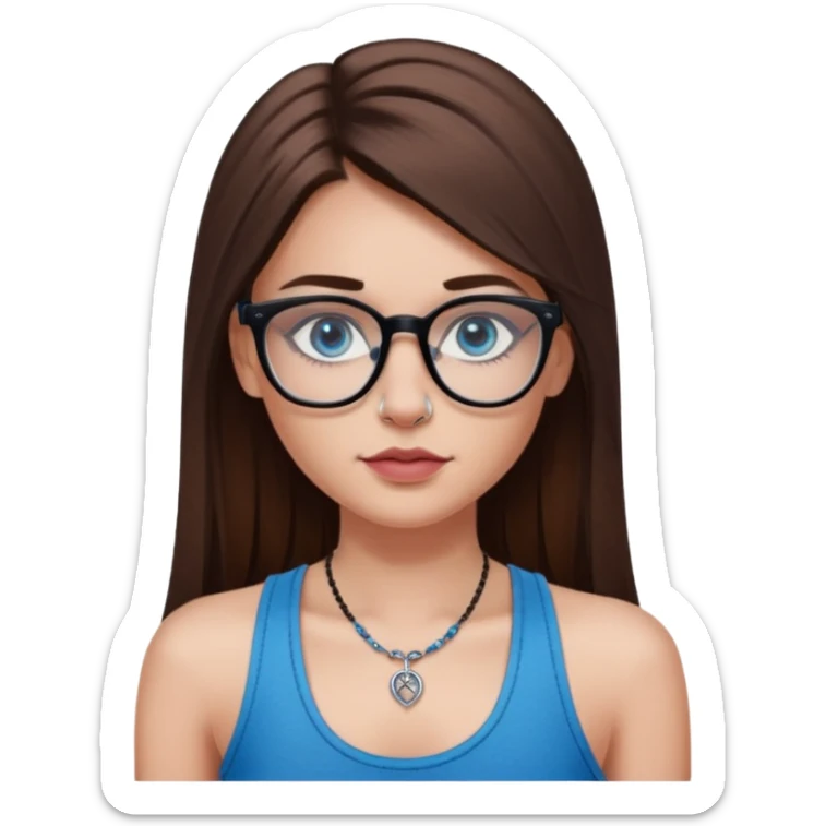 White girl with long straight brown hair and blue eyes wearing plastic frame glasses that go from black to clear ombré from top to bottom. Stud nose piercing on right side of nose and a septum piercing. Wearing black tank top. Rose tattoo on right arm. sticker