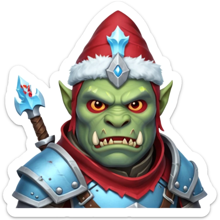 
Fantasy Christmas orc legion soldier icon, iron tundra army theme, heavy winter armor, disciplined brutal look, icy blue steel armor with deep crimson accents, frozen metal texture, cold winter atmosphere, clean readable emoji style
 sticker