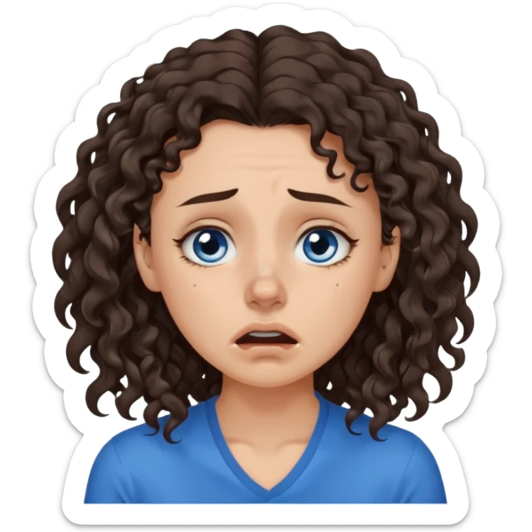 white young pretty woman long dark brown CURLY hair, with a blue shirt, in despair crying, brown eyes, septum nose piercing sticker