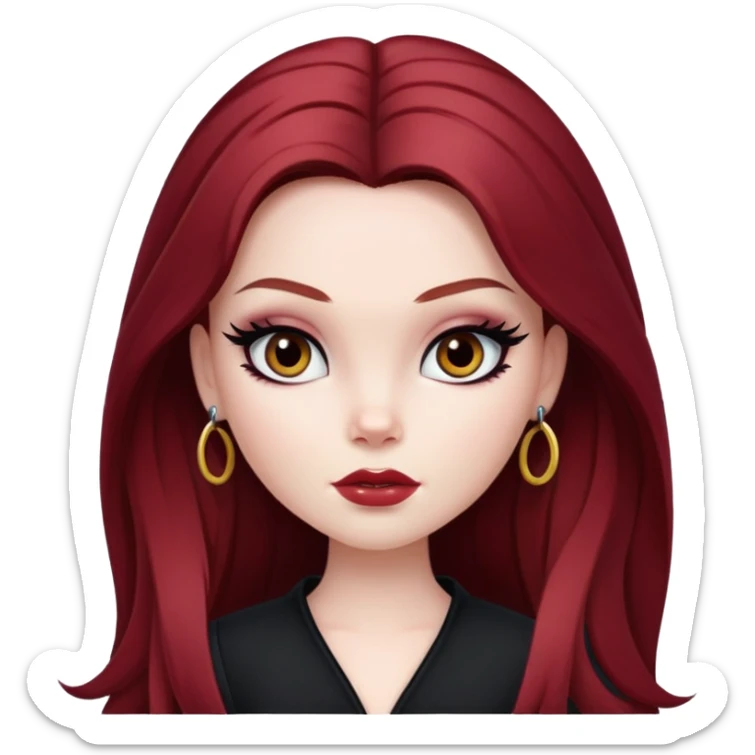 pretty bratz girl, tall, pale skin, dark red hair,  long hair, brown eyes, black eyeliner sticker