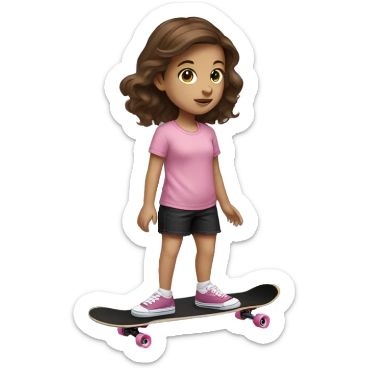 little girl with brown hair, pink shirt from VANS and black shorts skateboarding sticker