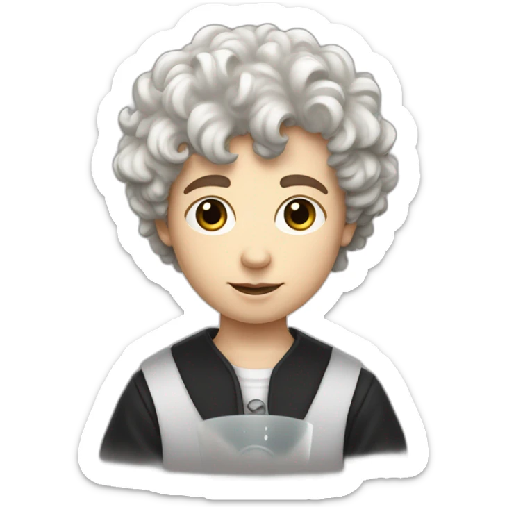 A portrait from the shoulders up of pasty white teenage boy with dark black curly hair holding a chalice of milk sticker