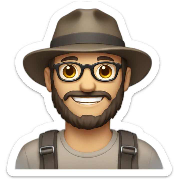 happy smile gardener face long dark beard and bald dark hair round glasses brown eyes and a hat sticker