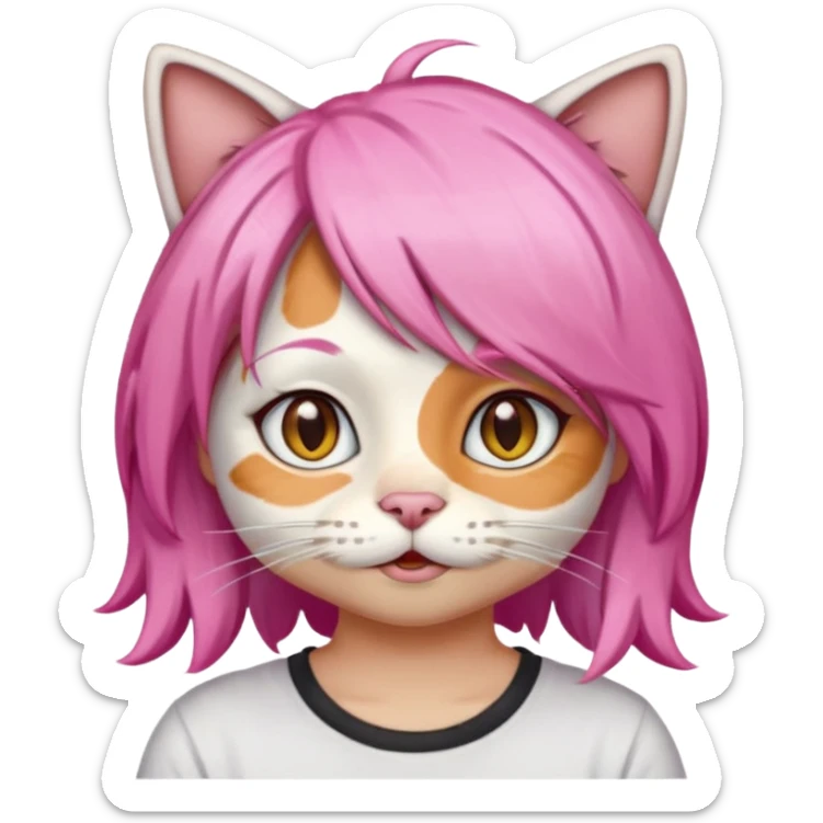 calico cat wear pink hair wig, white T-shirt sticker