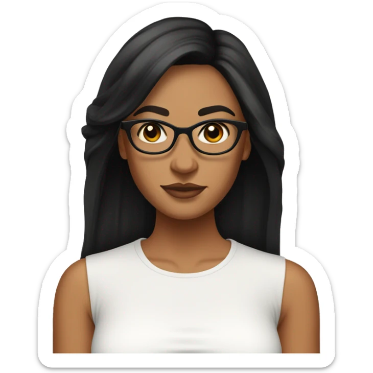 woman with tan skin and long black hair wearing a white crop top, glasses, with curtain bangs sticker