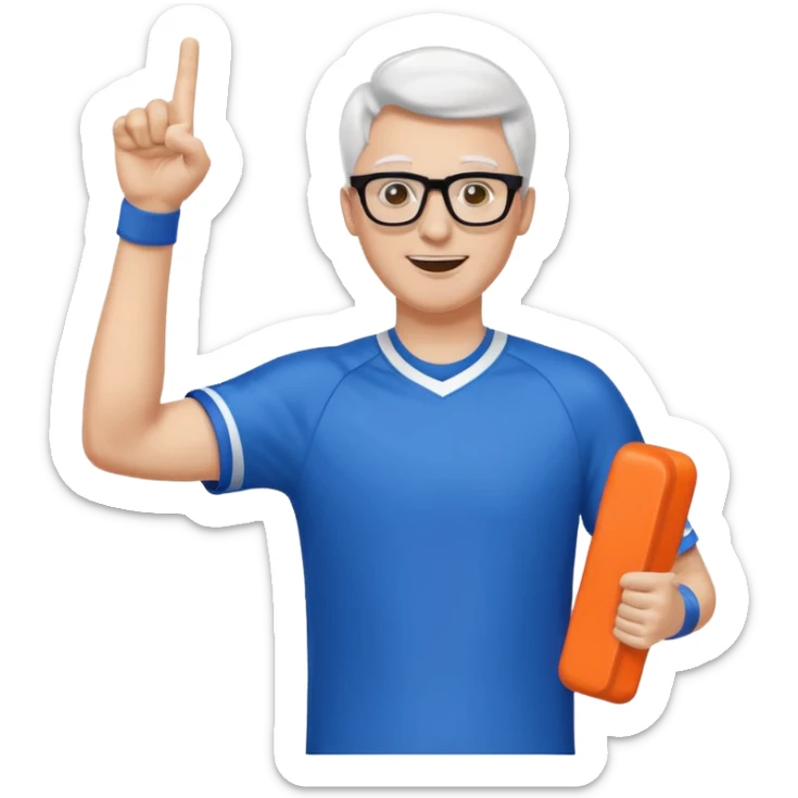 A slim man with glasses, pumping the foam finger in the air with bright enthusiasm. sticker