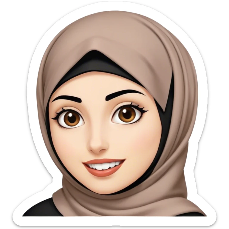Women with perfect black eyebrows, pretty brown eyes, fair skin, black hijab, and buck teeth sticker