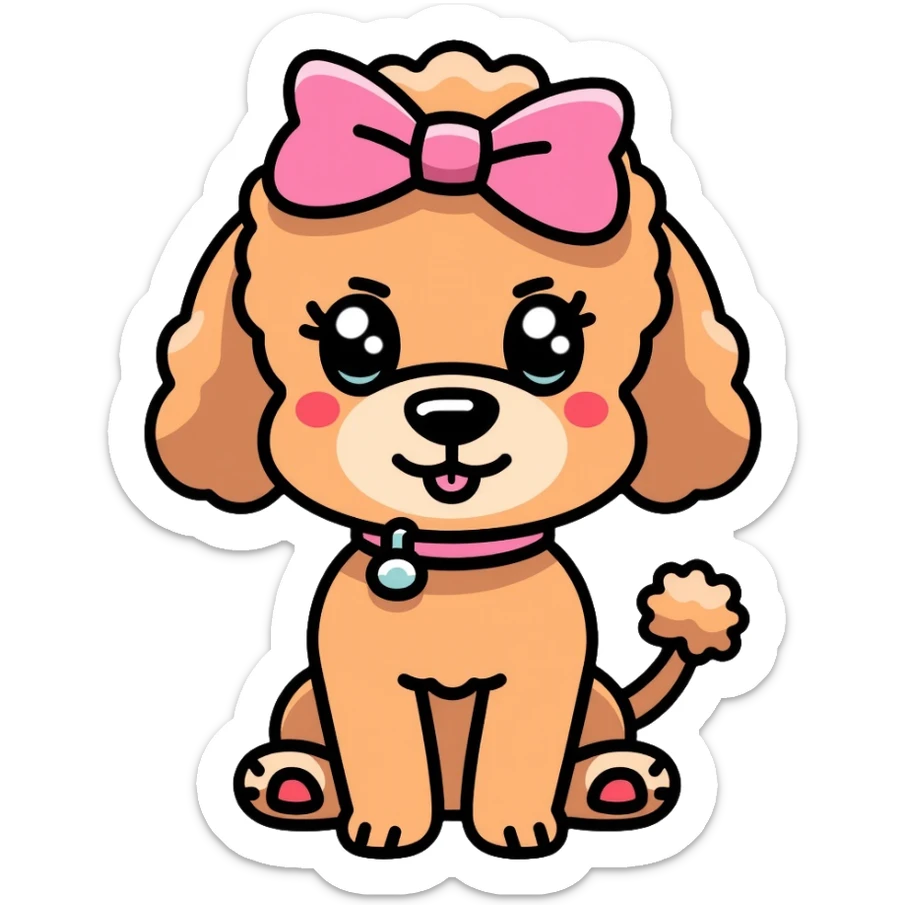 Cute brown poodle dog with a pink bow on its head and tail, with its tongue sticking out, and wearing a pink collar sticker