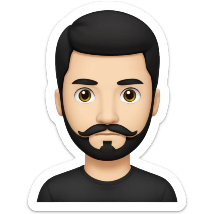 Man, hispanic skin, black hair, black beard, black mustache black eyes black t shirt, small nose, long emo hair sticker