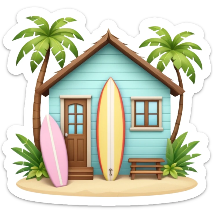 Hawaiian bungalow house, pastel colors, wooden porch, surfboard leaning on wall, palm leaves, tropical vibe, cute mobile game icon style, 3D cartoon, clean background, no text
 sticker