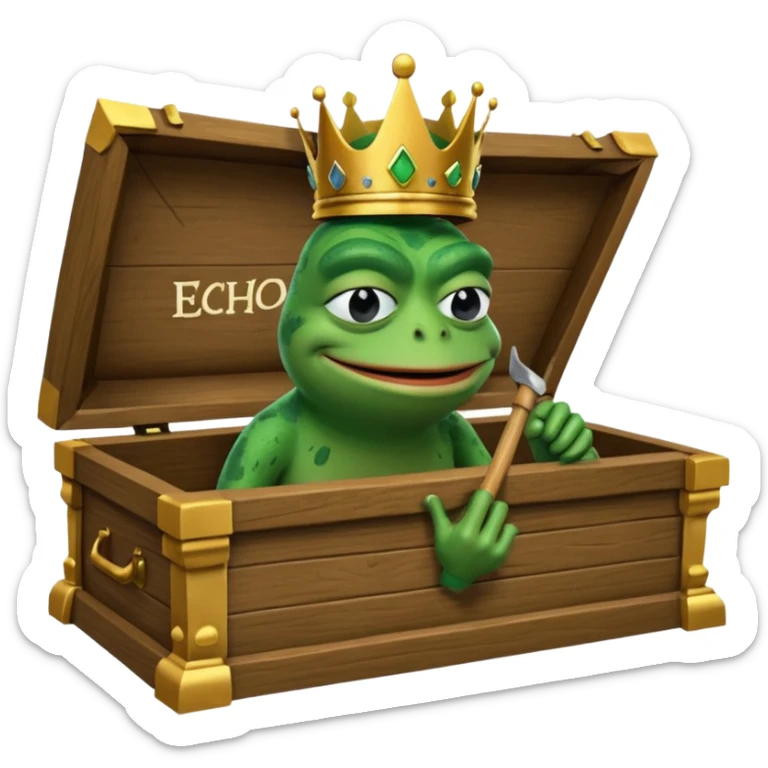 Emoji of an empty wooden coffin with its lid on top, the word ‘ECHO’ carved into the side panel. The coffin is shown from the outside. A king-like Pepe the Frog, standing outside the coffin, is hammering nails into the lid to seal it shut. No character is inside the coffin. Not a treasure chest. sticker