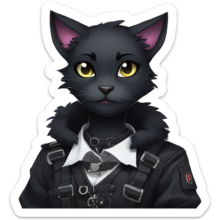 Gorgeous furry gothic dark techwear anime style anthro black cat furry sona Fakemon with blushing face aesthetic and pretty edgy black with collar and harness trending style sticker