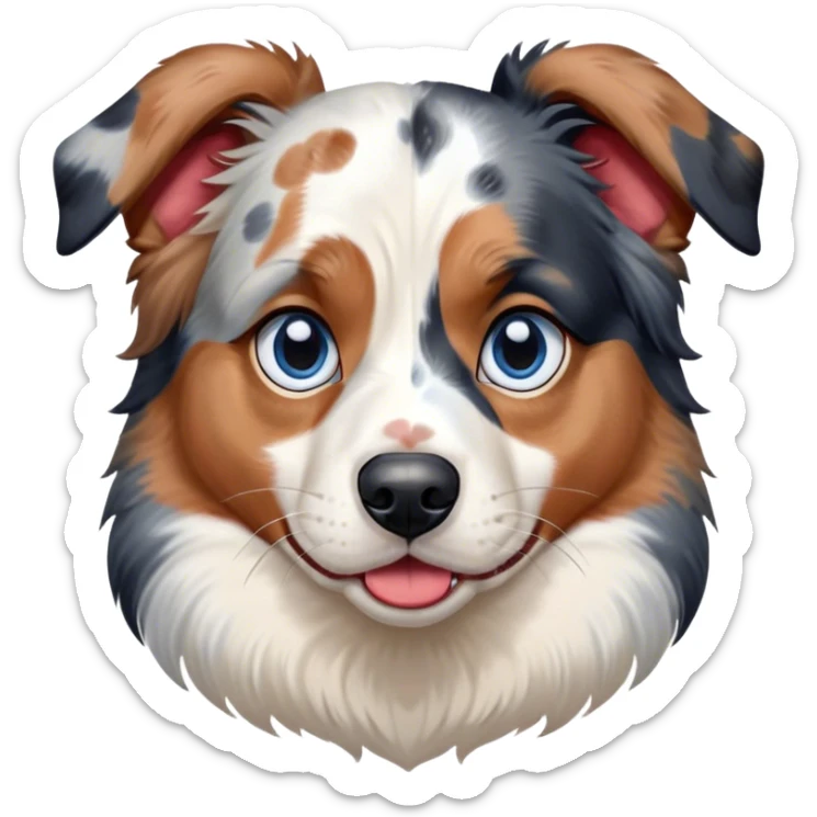 Cinematic Meme-Worthy Grumpy Calico Australian Shepherd Portrait Emoji, Head held high but eyes filled with dramatic disappointment, smooth white fur with spectacular patches of black, tan, and red calico merle, deeply furrowed brow forming an unmistakable scowl, floppy ears slightly angled back in disapproval, piercing blue eyes glaring with pure exasperation, Simplified yet hilariously over-exaggerated features, highly detailed, glowing with an aura of supreme annoyance, high shine, exhausted yet judgmental, stylized with an almost regal pettiness, bright but brooding, soft glowing outline, capturing the essence of a pup that has seen it all and is thoroughly unimpressed, so meme-worthy it feels like it could instantly become the next viral sensation of grumpiness! sticker