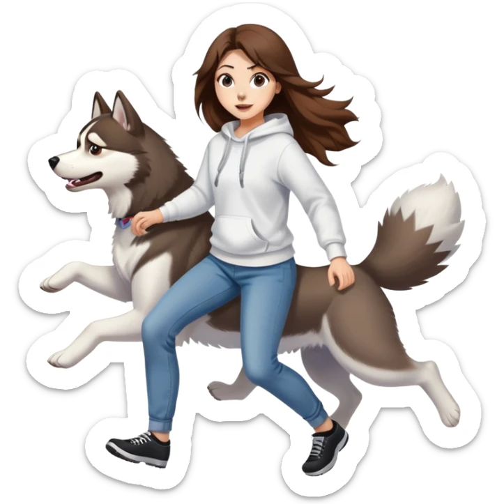 A beautiful girl with long hair wearing a white sweatshirt and jeans is chasing a husky sticker
