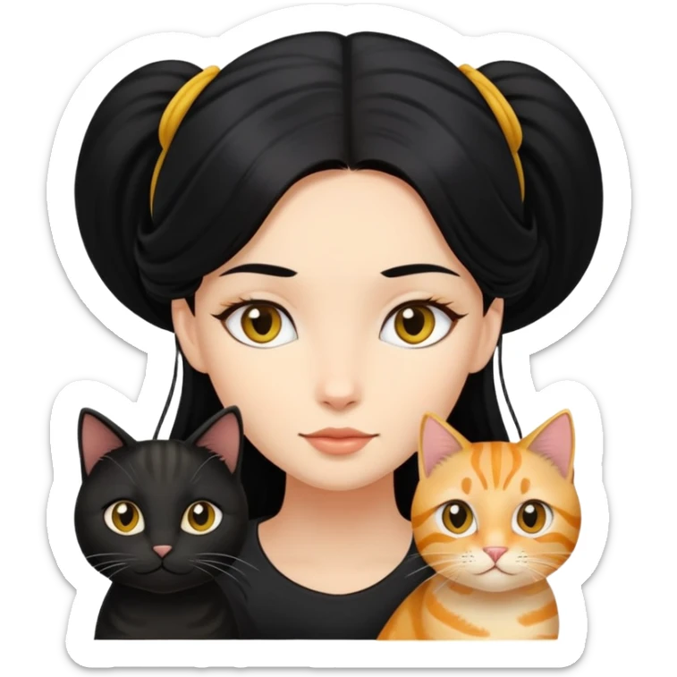 A girl with long black hair and an oval face is together with a black and yellow tabby cat. sticker