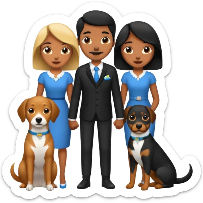 Pareja de novios, pelo negro ambos, y con dos perritos pincher en brazos sticker