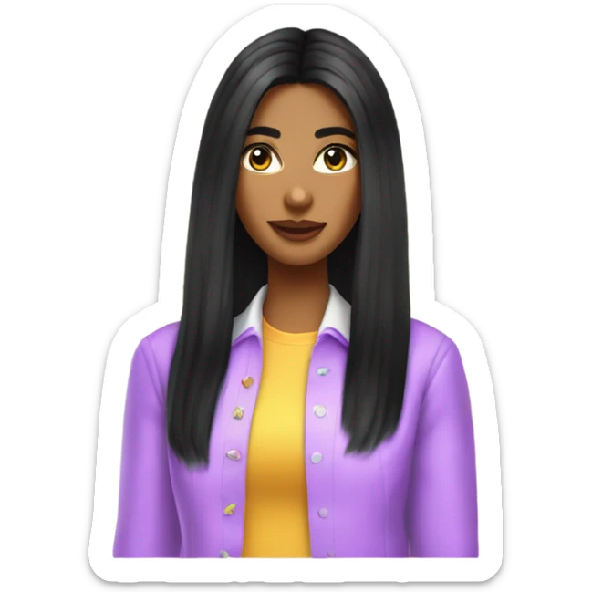 Tanned woman with long black hair dressed in Y2K preppy hair, makeup, and neon attire sticker