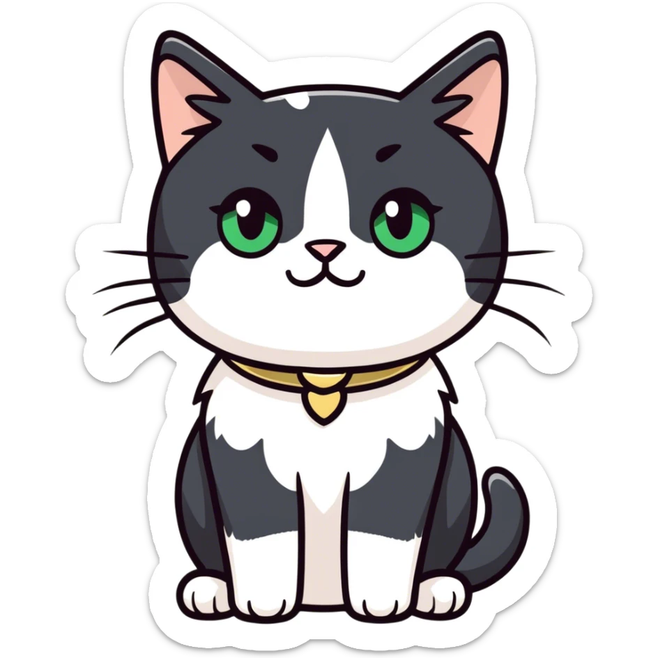 Female Tuxedo domestic short hair, more white than black similar to a cow, green/gold eyes, no bowtie sticker