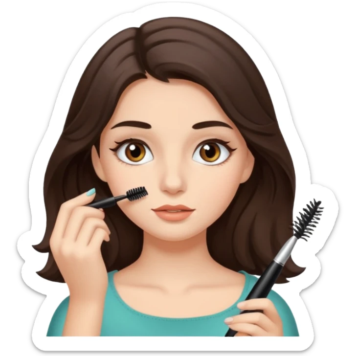 Garota branca de cabelos levemente ondulados castanhos escuros médio aplicando máscara de cílios sticker