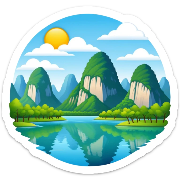 Li River karst mountains Guilin, simplified emoji style with bold outlines and bright colors, cartoon style mountains with river sticker